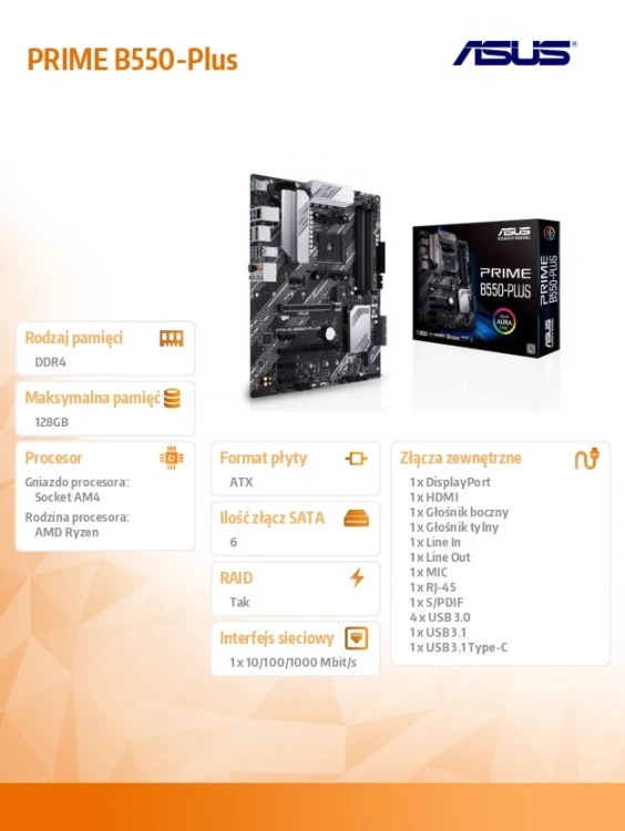 OUTLET Płyta główna Asus PRIME B550-PLUS AM4 DDR4 M.2 ATX